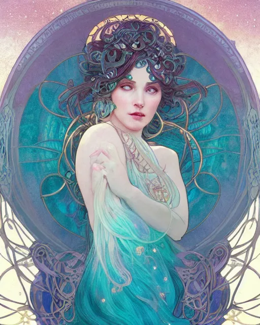 Image similar to an ethereal goddess with turquoise hair | highly detailed | very intricate | art nouveau | gold filigree | romantic storybook fantasy | soft cinematic lighting | award - winning | disney concept art watercolor illustration by mandy jurgens and alphonse mucha and alena aenami | pastel color palette | featured on artstation