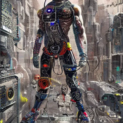 Image similar to cyborg hindu godbody, cyberpunk, high tech, hyper detailed, coherent, cohesive, realistic, far shot, war