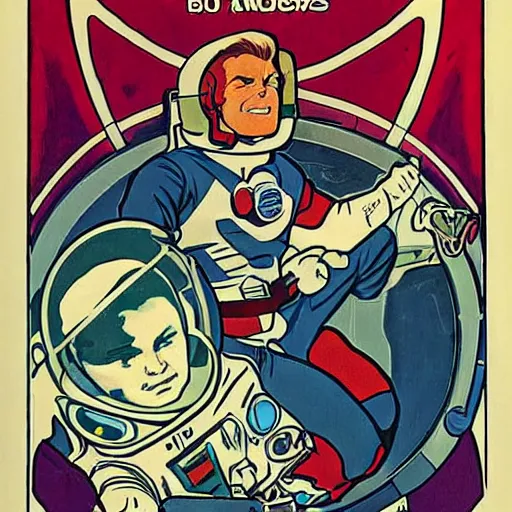 Prompt: a handsome man with red hair, floating in space. he is an astronaut, wearing a space suit. well composed, clean elegant painting, beautiful detailed face. comic book art by steve ditko and jack kirby and ( alphonse mucha )