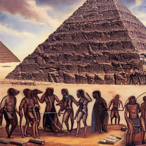 Image similar to ancient painting of otherworldly creatures building the great pyramid of giza,