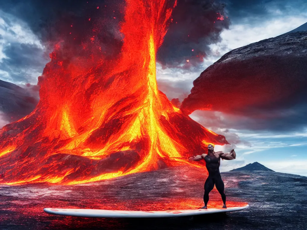 Prompt: portrait of a bodybuilder on surfing board inside erupting volcano, lava splashes, stunning scene, 8 k, extremely detailed digital painting, depth, bright colors, trending on artstation