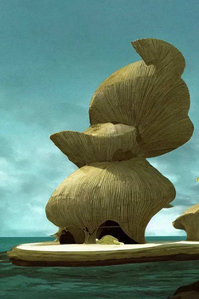 Image similar to seashell house where a hermit girl lives, atmospheric cinematography by syd mead and emmanuel lubezki