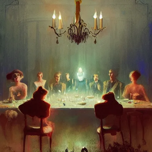 Image similar to The dinner with all the dead people I knew, By Delphin Anjolras, by Ismail Inceoglu, by Emiliano Ponzi, ghosts