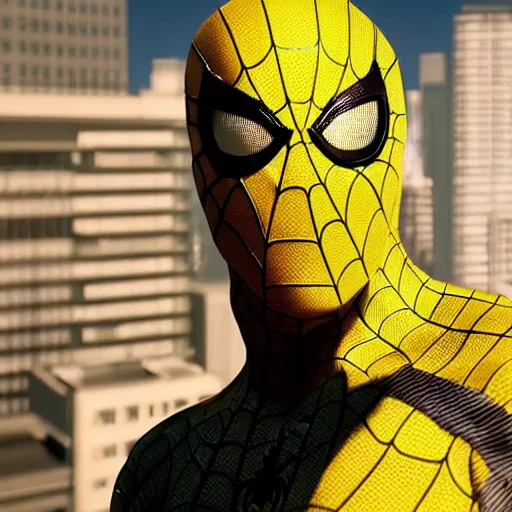 Image similar to still photo of yellow spider - man, highly detailed, photorealistic portrait, bright studio setting, studio lighting, crisp quality and light reflections, unreal engine 5 quality render