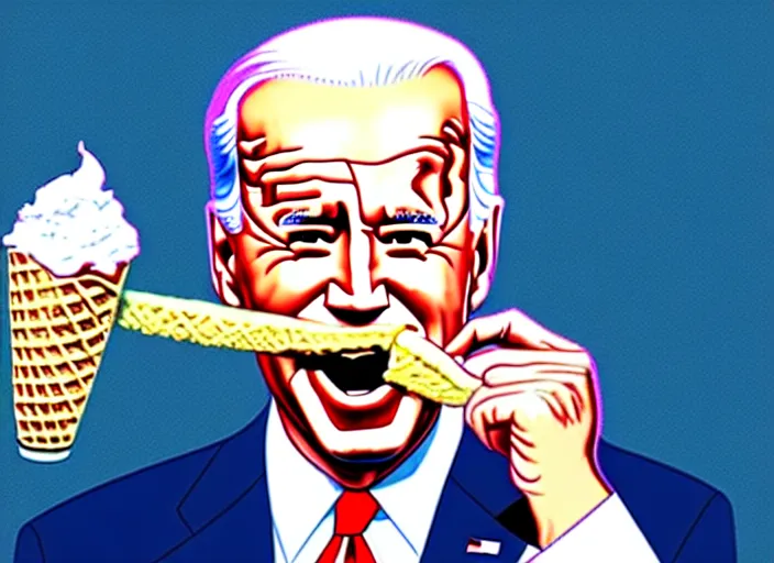 Image similar to political cartoon, joe biden eating an ice cream cone, white background, realistic, detailed