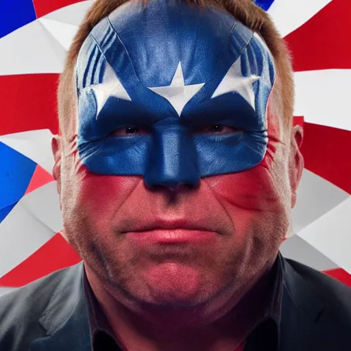 Image similar to UHD candid photo of Alex Jones dressed as a cosmic superhero, wearing red white and blue, accurate face, UHD, photorealistic, correct face, photo by Annie Leibowitz