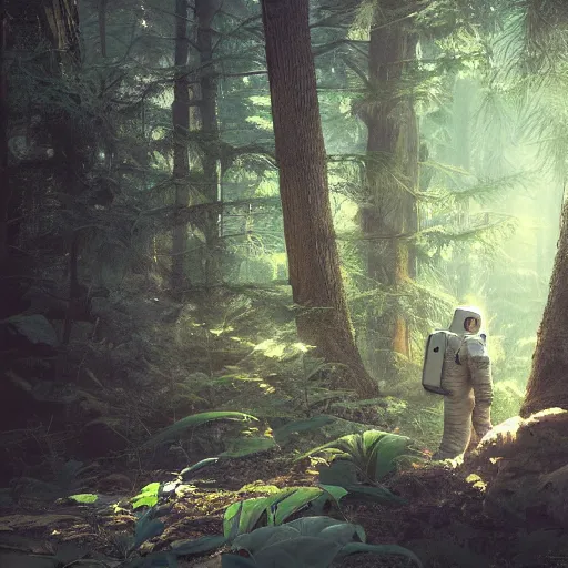 Image similar to american astronaut in the forest, plants environment, wide angle, cinematic lighting, atmospheric, realistic, octane render, highly detailed, in the style of craig mullins