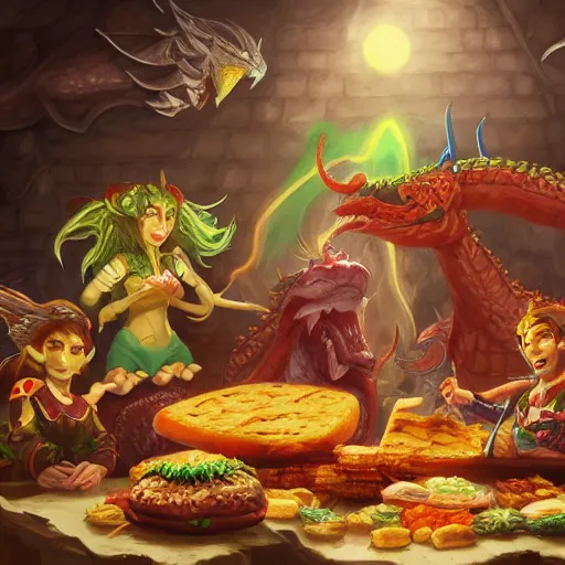 Prompt: Tiamat guarding a pile of cheeseburgers, dungeons and dragons, wizards of the coast, trending on art station, maximum detail, HD, cinematic