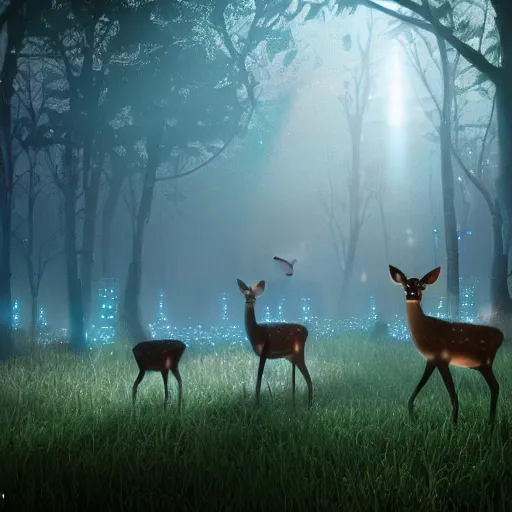 Image similar to deer in an ethereal forest made from glowing circuits and electronics, highly detailed concept art, 3 d, volumetric lighting