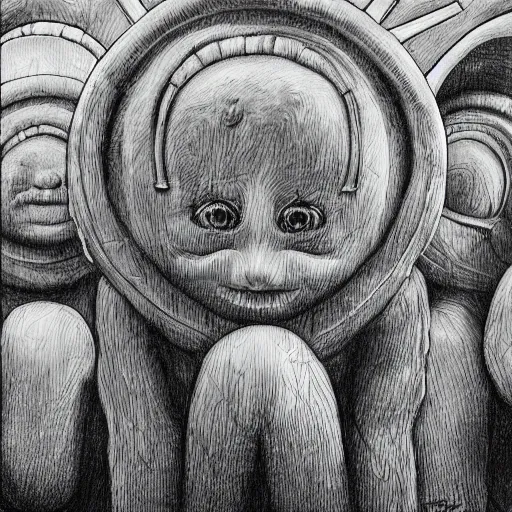 Image similar to detailed realistic illustration of teletubbies, in the style of h r giger and moebius and wayne barlowe