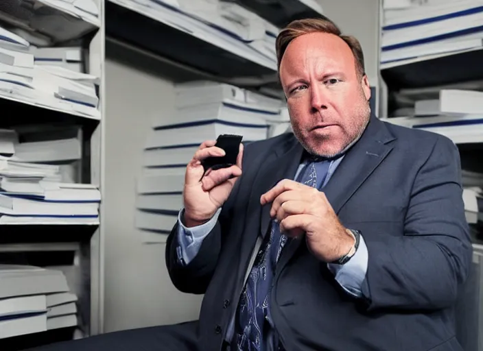 Image similar to dslr photo still of infowars host alex jones in a blue suit fat grey beard and mustache!!! sitting depressed!!! in a room filled to the ceiling with cell phones stacks of cell phones cell phones stacks cell phones filling the entire room, 5 2 mm f 5. 6