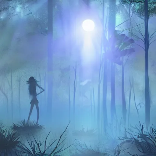 Image similar to a dirty lost person is following a floating blue glowing ball of light through the swampy forest, art by Afda Trihatma .