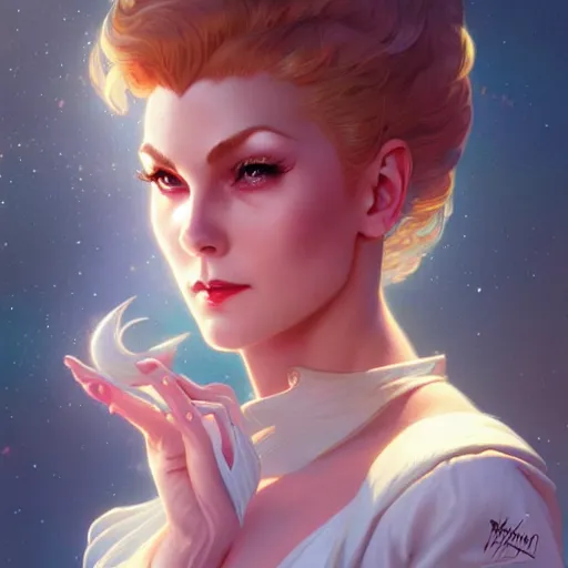 Prompt: Kim Novak as Sailor Moon, western, D&D, fantasy, intricate, elegant, highly detailed, digital painting, artstation, concept art, matte, sharp focus, illustration, art by Artgerm and Greg Rutkowski and Alphonse Mucha