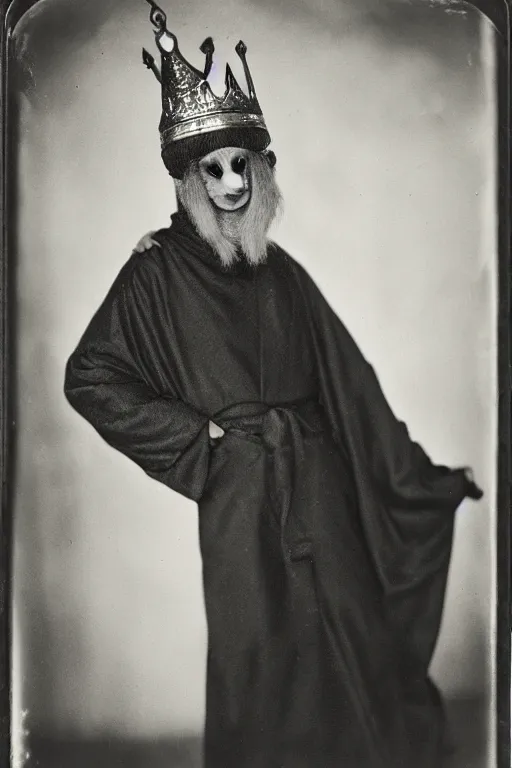 Image similar to a wet plate photo of a ferret priest, wearing a crown, wearing a robe