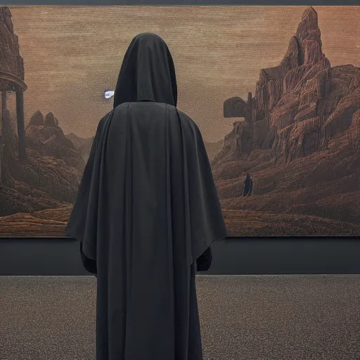 Prompt: the grim reaper standing stoic in black robe, waiting patiently, in a museum with paintings and people, perfect composition, by mike winkelmann, simon stalenhag