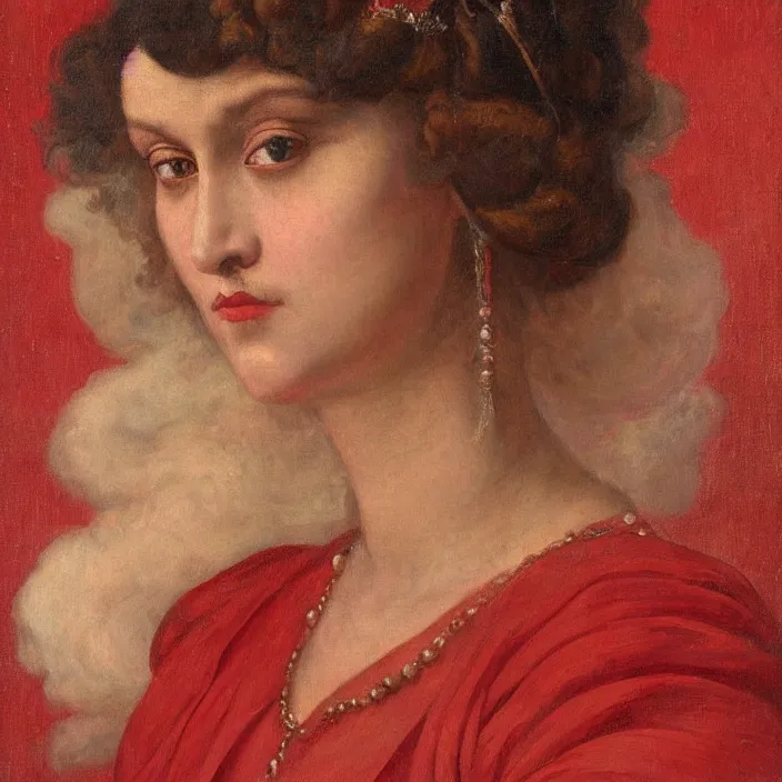 Prompt: portrait of a woman with eyes made of colorful smoke, full-length, oil painting in a renaissance style , very detailed, red background, painted by William Clarke Wontner.