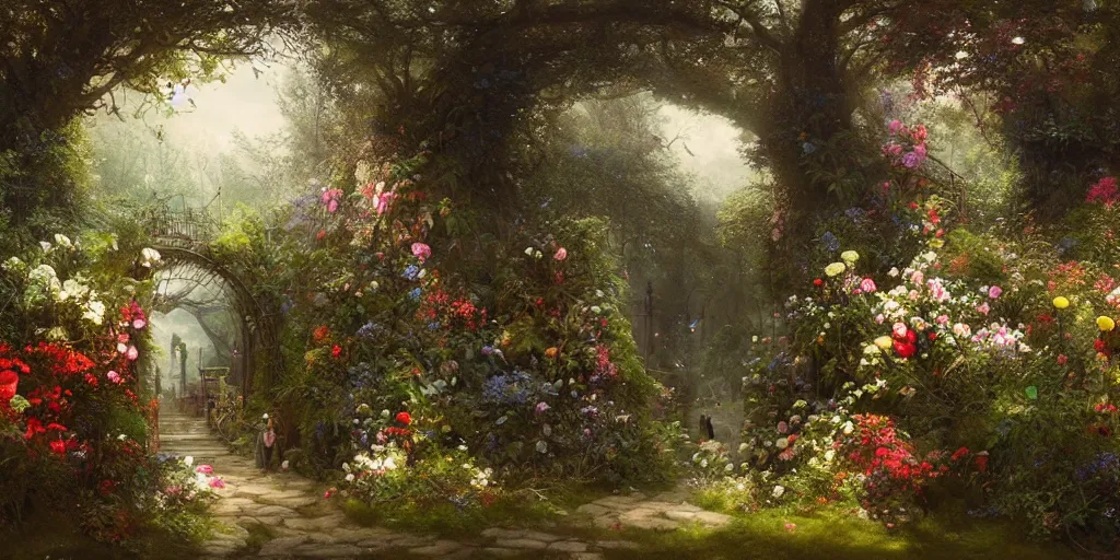 Image similar to gateway to fairyland, fireflies, mushrooms, multicoloured flowers, the secret garden. the hidden garden. private garden. andreas achenbach, artgerm, mikko lagerstedt, zack snyder, tokujin yoshioka