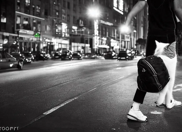 Image similar to photography of a Cat being carried in a backpack . in a new york street. award winning photo, led lighting, night, 130mm, sharp, high res