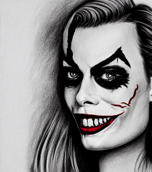 Image similar to margot robbie smiling portrait with joker makeup, black and white realism drawing, realistic face, beautiful eyes, highly detailed