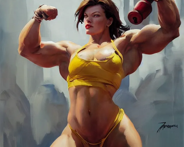 Image similar to greg manchess portrait painting of milla jovovich as beautiful thick female bodybuilder champion zarya from overwatch, medium shot, asymmetrical, profile picture, organic painting, sunny day, matte painting, bold shapes, hard edges, street art, trending on artstation, by huang guangjian and gil elvgren and sachin teng