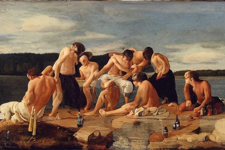 Image similar to mid - thirties guys binge drinking in front of a lake, in the style of skovgaard