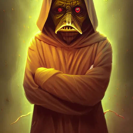 Image similar to Angry dark-side-corrupted yellow-eyed Sith Lord by Cyril Rolando, photorealistic, lifelike, hyperdetailed, 8k