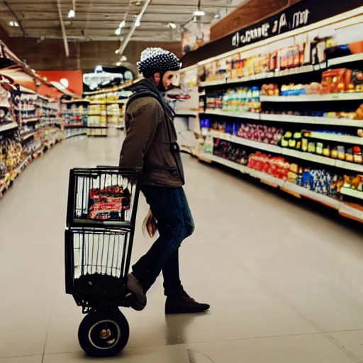 Prompt: photograph of a hipster riding a monowheel through a grocery store