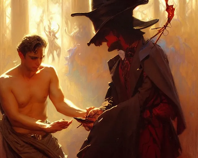 Prompt: attractive magician man, casting dark magic, summoning handsome demon. highly detailed painting by gaston bussiere, craig mullins, j. c. leyendecker 8 k