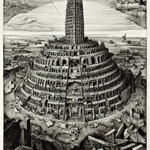 Image similar to The Tower of Babel by Bruegel in impossible geometry, Escher