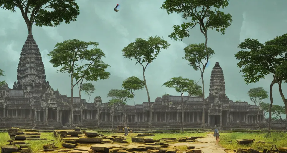 Image similar to Angkor Wat, lushious Jungle landscape, center composition, cinematic, rendered by simon stålenhag, rendered by Beeple, Makoto Shinkai, syd meade, environment concept, digital art, starwars, unreal engine, 3 point perspective, WLOP, trending on artstation, low level, 4K UHD image, octane render,