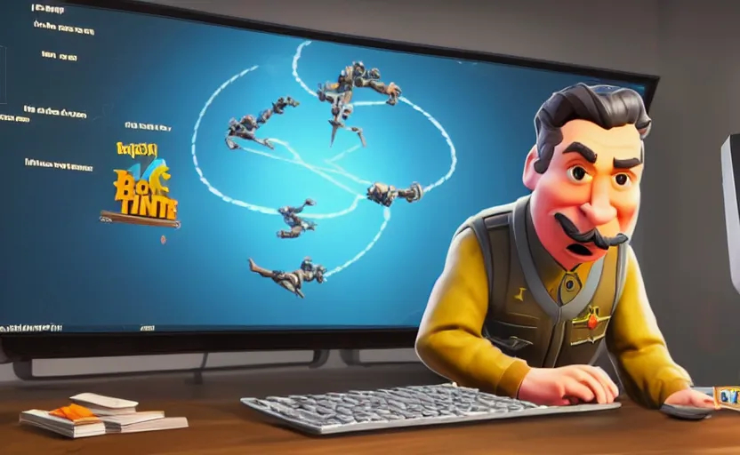 Prompt: very cute angry realistic josef stalin trading bitcoin in front of computer, disney pixar character concept artwork, 3 d concept, fortnite character, high detail iconic character for upcoming film, 8 k octane render