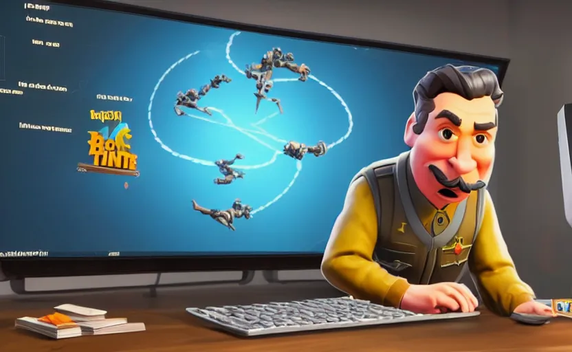 Image similar to very cute angry realistic josef stalin trading bitcoin in front of computer, disney pixar character concept artwork, 3 d concept, fortnite character, high detail iconic character for upcoming film, 8 k octane render