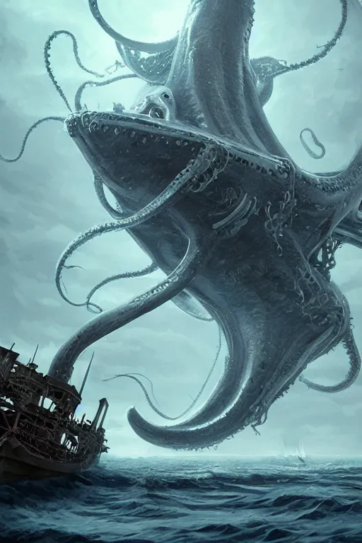 Prompt: gigantic squid-Kraken destroying a boat, lovecraftian creature, dramatic lighting, cinematic, establishing shot, extremly high detail, foto realistic, cinematic lighting, post processed, concept art, artstation, matte painting, style by eddie mendoza, raphael lacoste, alex ross