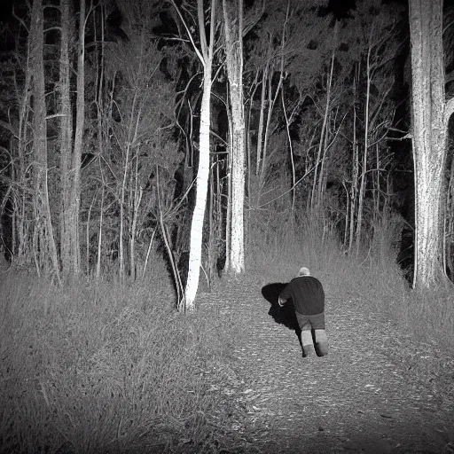 Prompt: trail cam footage nighttime black and white of fat man with fedora