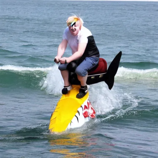 Prompt: boris johnson riding a shark at the beach
