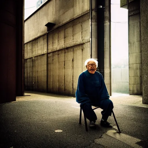 Image similar to a character portrait photo of a smiling old japanese man, hopeful, flickr contest winner, neo-expressionism, art photography, busy background, hyperrealism, chiaroscuro, anamorphic lens flare, elegant, shallow depth of field, haze, volumetric lighting, photo taken with provia, 24mm, f1.8, by Filip Hodas, by Andrew Domachowski