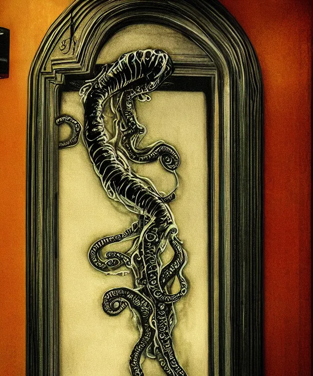 Image similar to horrifying full color photorealistic image an old hotel elevator lobby, elevator doors look like a mouth, with a tentacle - shaped tongue, licking out, dark, atmospheric, brooding, smooth, finely detailed, cinematic, epic, in the style of lee gibbons