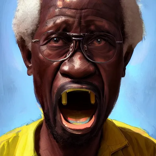 Prompt: An old african man raging and screaming and Television, holding a controller. Nice rimlight. By ilya kuvshinov, krenz cushart, Greg Rutkowski, trending on artstation. Sharp highlights, amazing textured brush strokes, accurate shape, cinematic soft, 8k, VFX, dramatic lighting, psychedelic colouring
