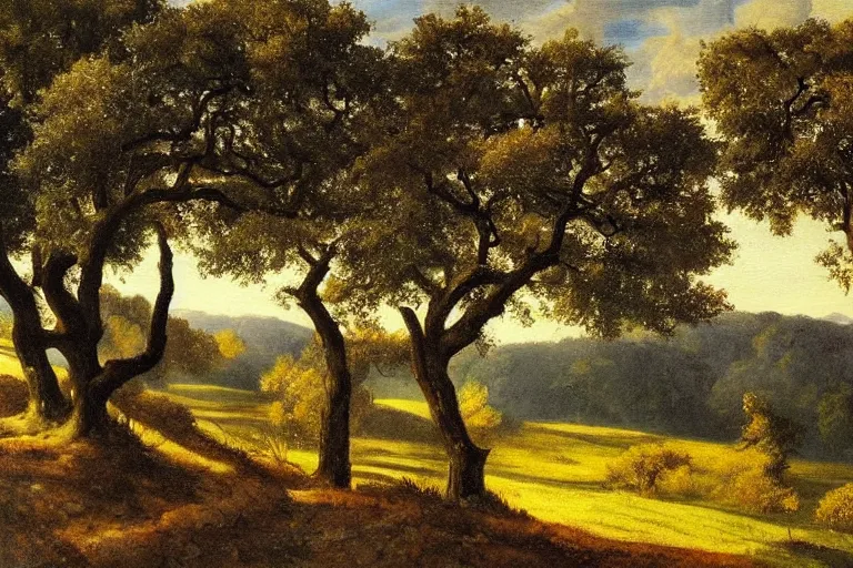 Image similar to masterpiece painting of oak trees on a hillside overlooking a creek, dramatic lighting, by edwin holgate