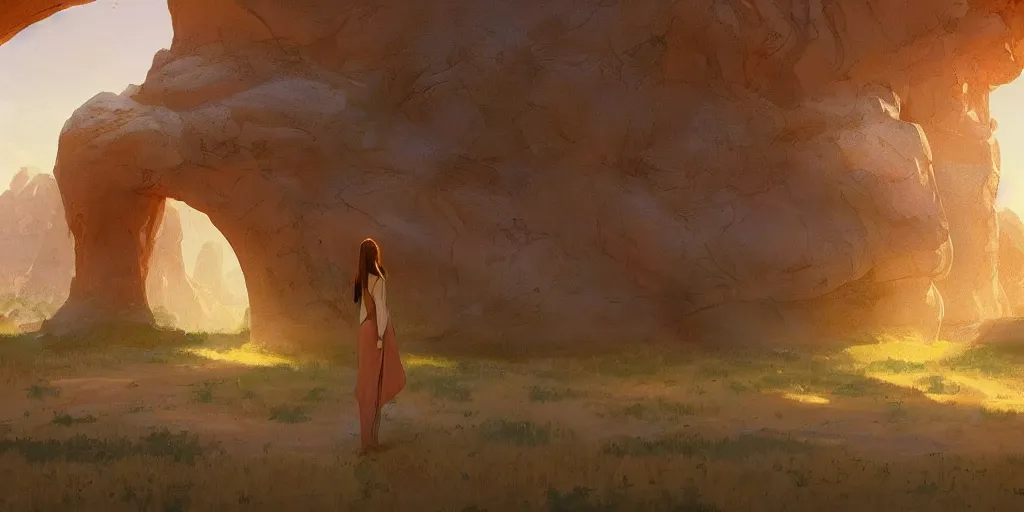 Prompt: magical! intricate, happy picture from within a valley in the desert, tall hills on both sides! inside of a desert valley looking out into the plains! with vast river!!!! magical dimensional gate!!!, rim light, concept art, pleasing aesthetics, octane render, golden ratio, anime style, charlie bowater, jeremy lipking, studio ghibli