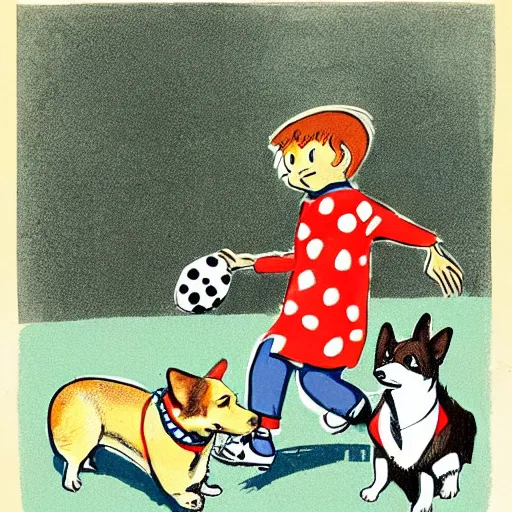 Image similar to illustration of french boy on the streets of paris playing football against a corgi, the dog is wearing a polka dot scarf, comic, 1 9 7 2