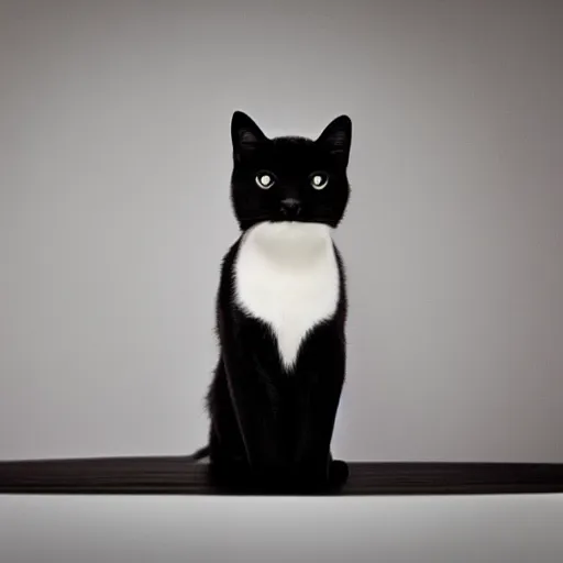 Prompt: national geographic photograph of a sleek black cat sitting in a white room