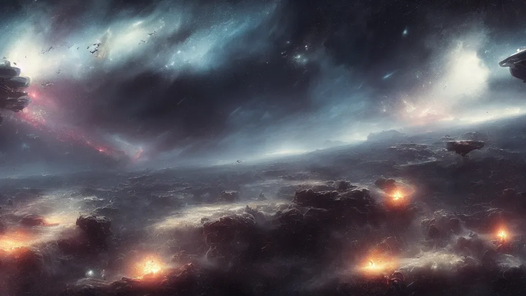 Image similar to a million space drones in a nebula. andreas achenbach, artgerm, mikko lagerstedt, zack snyder 3 8 4 0 x 2 1 6 0