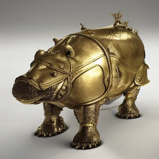 Image similar to fantasy art 4 k photo of hippos in very detailed shiny plate armor engraved in gold ready for battle in a blizzard