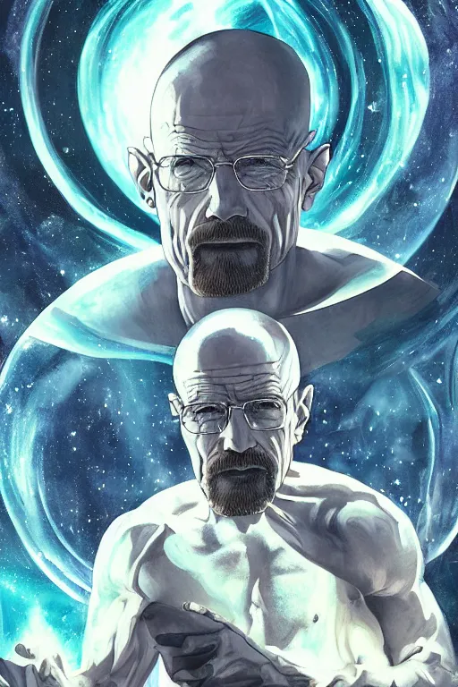 Prompt: a dramatic, epic, ethereal painting of a handsome shirtless walter white as a space wizard | background is space | tarot!! card, art deco, art nouveau | by Mark Maggiori | trending on artstation