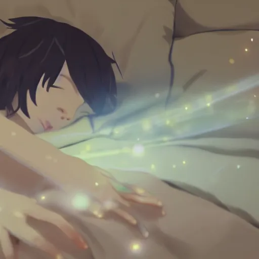 Prompt: several tiny fairies shown as balls of light clustered around the sleeping body of a young boy. By Makoto shinkai. WLOP. Masterpiece.