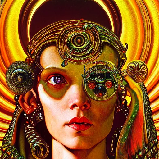 Prompt: baroque neoclassicist close - up renaissance portrait of a primitive art deco android priestess, glowing eyes. reflective detailed textures, highly detailed fantasy science fiction painting by moebius, norman rockwell and saturno butto and syd mead and jean delville. elaborate geometric ornament, rich colors. artstation