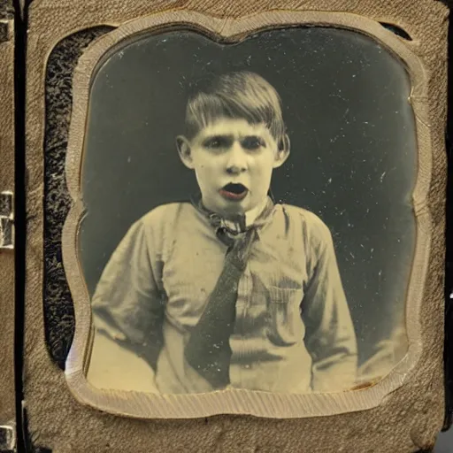 Image similar to tintype photo of a scared boy in bed, a claw is reached out from under the bed