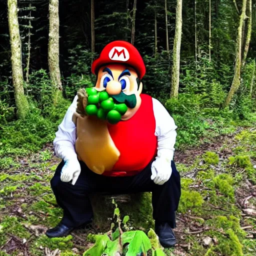 Prompt: fat italian man dressed as mario eating wild mushrooms off the forest floor