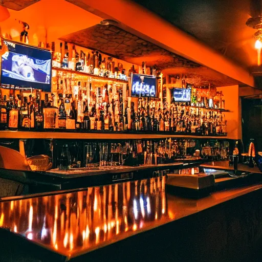 Prompt: a full shot of a bar with orange lighting, nighttime